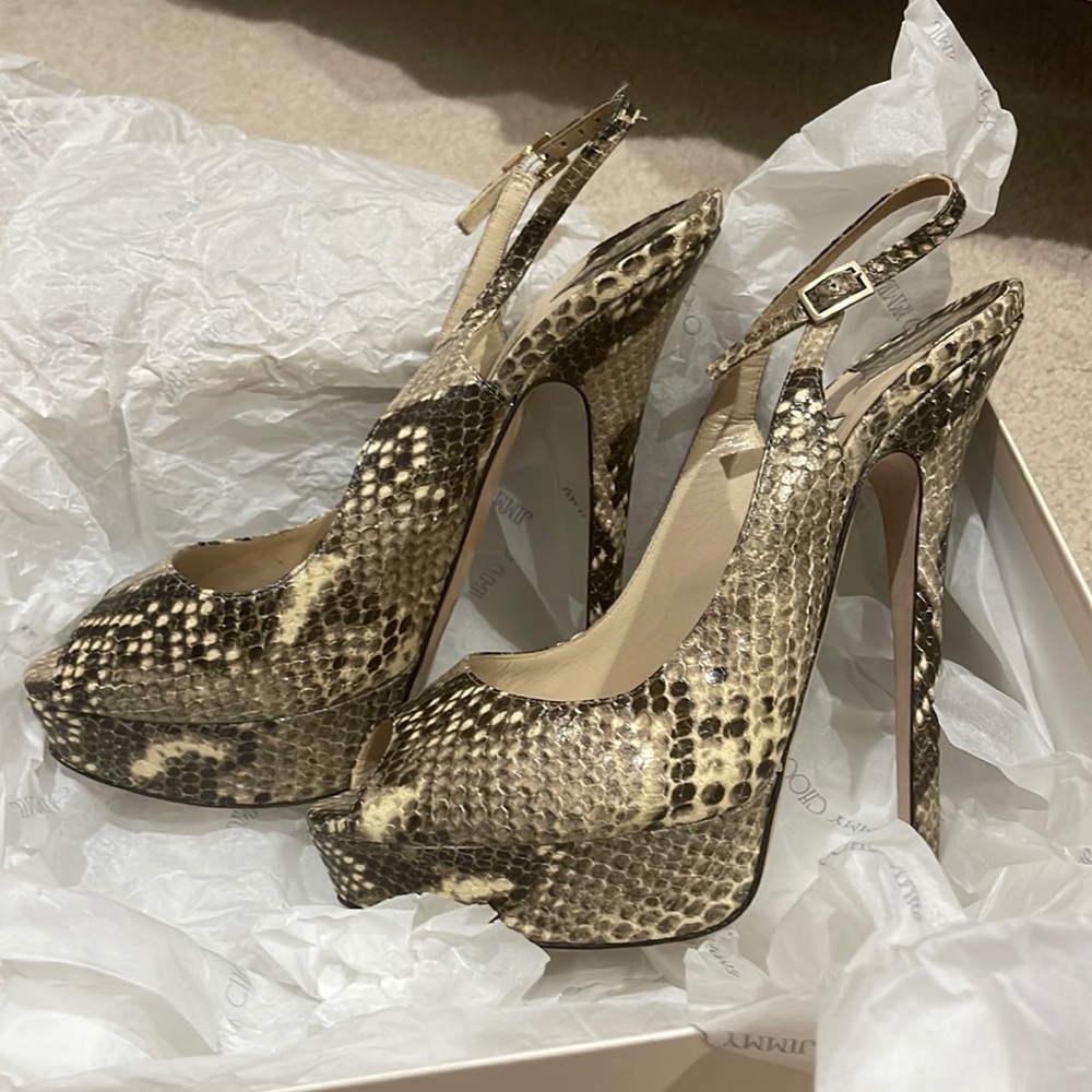 Jimmy Choo Snakeskin Heels with Platform & Sling Back 38.5-used/good condition